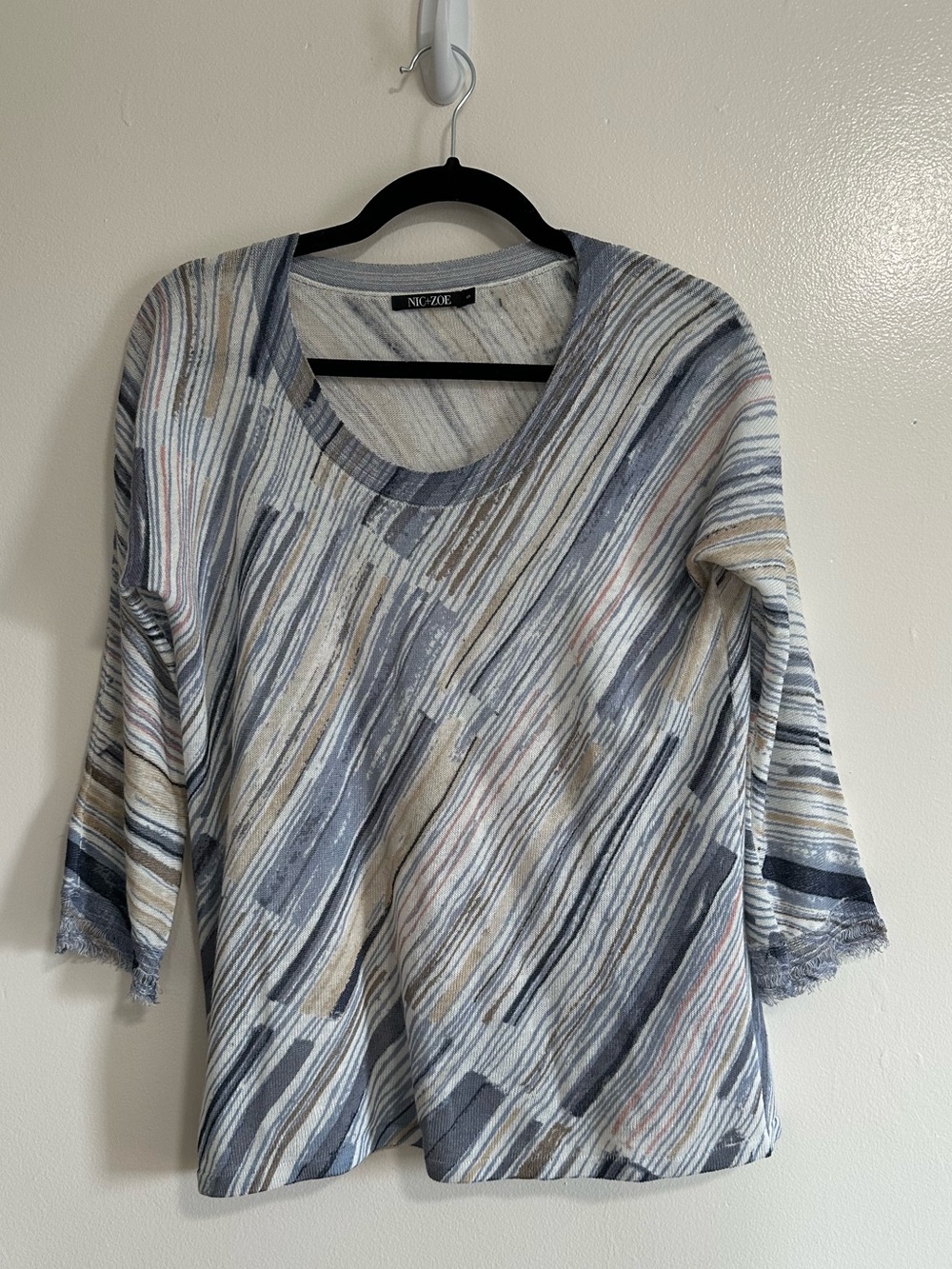 NIC+ZOE Diagonal Stripe Scoop Neck 3/4 Sleeve Linen Blend Sweater, Size Small